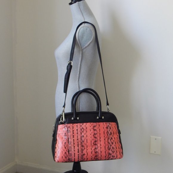 MILLY Black Lambskin Dome Coral Watersnake Panel Embellished LG Satchel Bag NWT - Picture 3 of 16